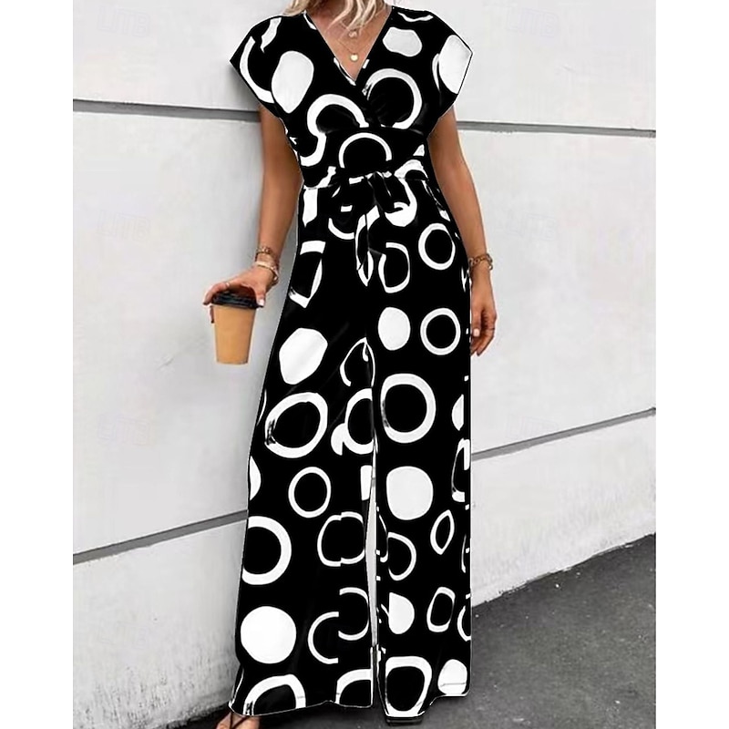 Women's Normal Jumpsuit Casual Geometric Sleeveless V Neck Print Going out Weekend Regular Fit Black White Summer3