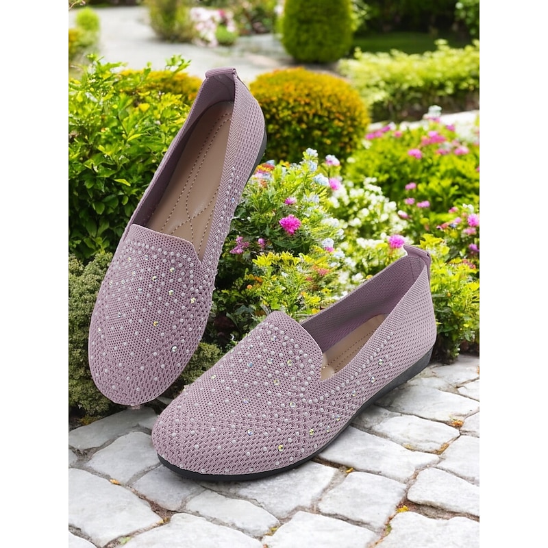 Women's Sparkly Flyknit Flats with Rhinestones – Stylish Slip-On Shoes for Casual Wear & Spring Outings4