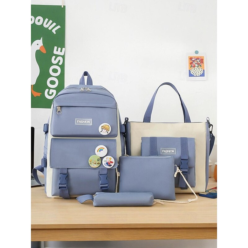 5-Piece Kids Backpack Set with Badge Pins – Lightweight School Bag with Tote, Pencil Case & Crossbody Pouch for Girls and Boys, Ideal for Elementary and Middle School