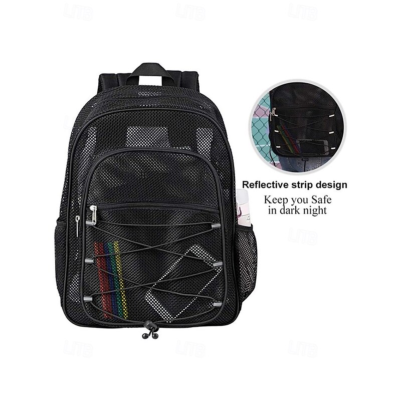 Black Gray Mesh Backpack with Zippered Compartment, Adjustable Shoulder Strap, Unisex, Fashion Design - Suitable for School, Sports, Fitness and Daily Use4