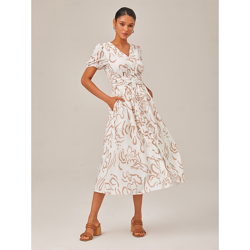 Women's Abstract Art Print Linen-Like Fabric Waist-Cinching Maxi Dress