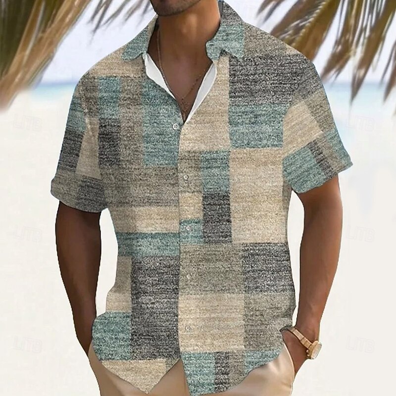 Men's Geometric Color Block Patchwork Shirt Summer Shirt Button Up Shirt Short Sleeve Fashion Casual Outdoor Vacation Dailywear Summer Turndown 3D Print Linen Like Shirt Blue Purple
