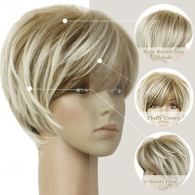 Short Blonde Pixie Cut Wigs for Women Fluffy Layer Lowlight With Root Stretch Synthetic Hair Pixie Wig with Bangs for Women Replacement Wig Daily Wear2
