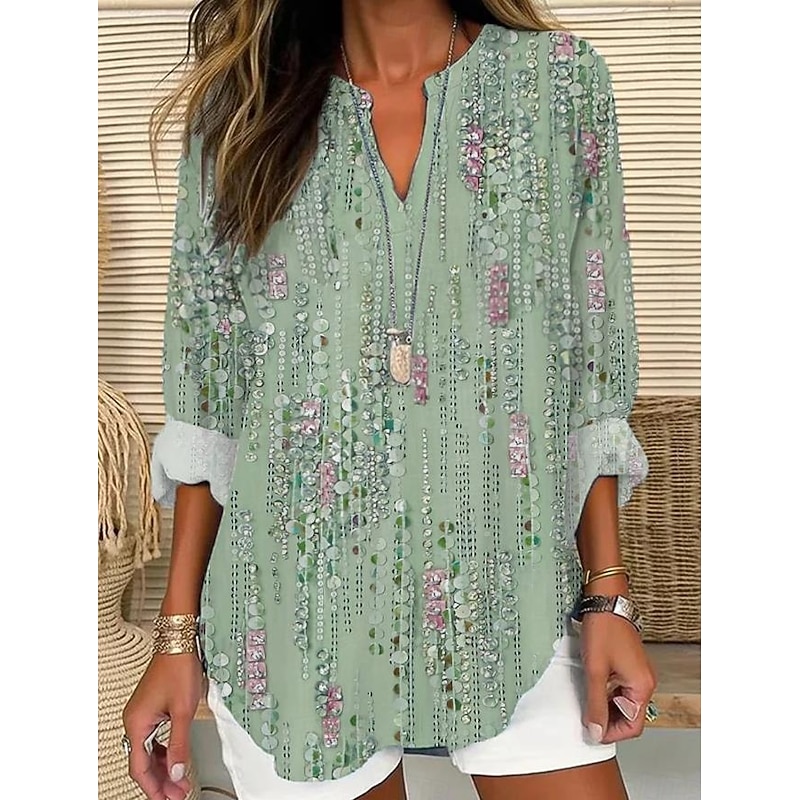 Women's Blouse Tunic V Neck Long Sleeve Boho Casual Tops Floral Daily Romantic Regular Tops Work Daily Buttons Print White Red Dusty Blue Green3