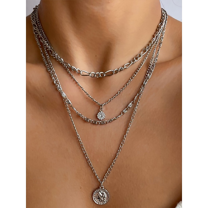 Gold and Silver Multi-Layered Pendant Necklace with Sun and Coin Charms, Trendy Bohemian Jewelry for Women, Perfect for Casual Wear and Summer Outings