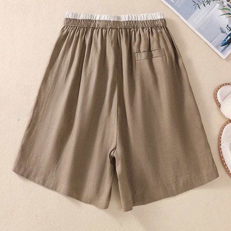 Women's Cotton Linen Shorts Shorts Slacks Casual Knee Length Natural Plain Pocket Elastic Drawstring Design Comfy Outdoor Comfortable Outdoor Street Apricot Black Yellow Green Summer Regular Fit4