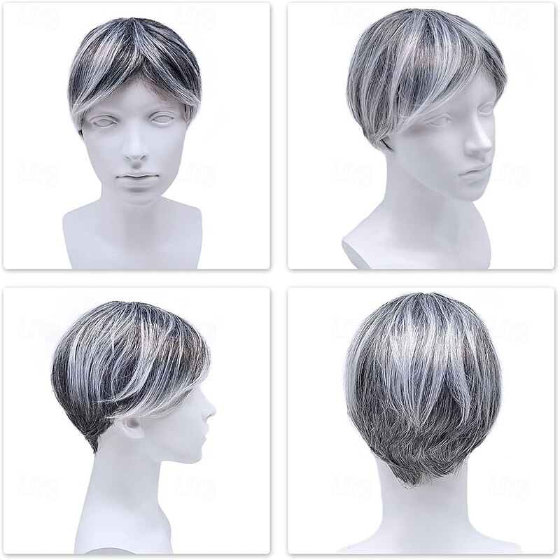 Short Fluffy Grey Wigs for Women Old Middle Age Women's Short Silver Wig Synthetic Short Curly Cosplay Hair Wig Grey Layered Messy Shaggy Synthetic Hair Wig for Women Old Lady4