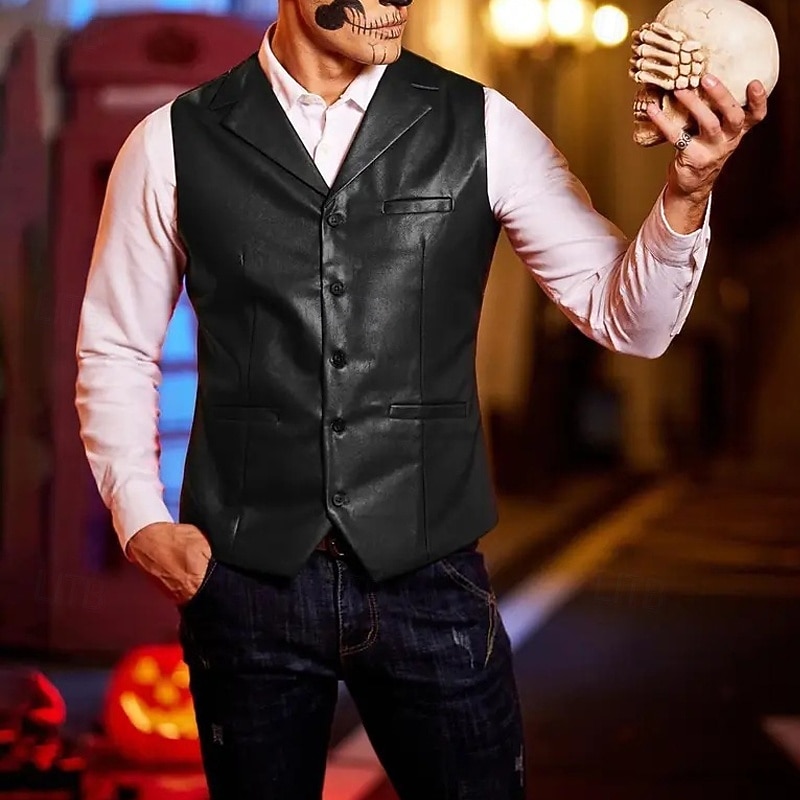 Men's Vest Gilet Vacation Daily Date Fashion Casual Spring Fall Buttons Pocket Faux Leather Comfortable Plain Single Breasted One-button Lapel Regular Fit Dark Brown Black Red Light Brown Vest