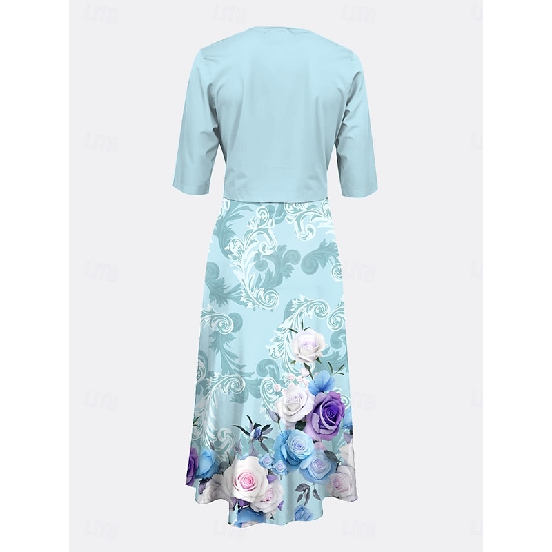 Women's Two Piece Dress Sets Midi Dress with Jacket Elegant A Line Dress Half Sleeve Party Semi Formal Floral Graphic Print V Neck Wedding Guest Daily Blue Regular Fit2
