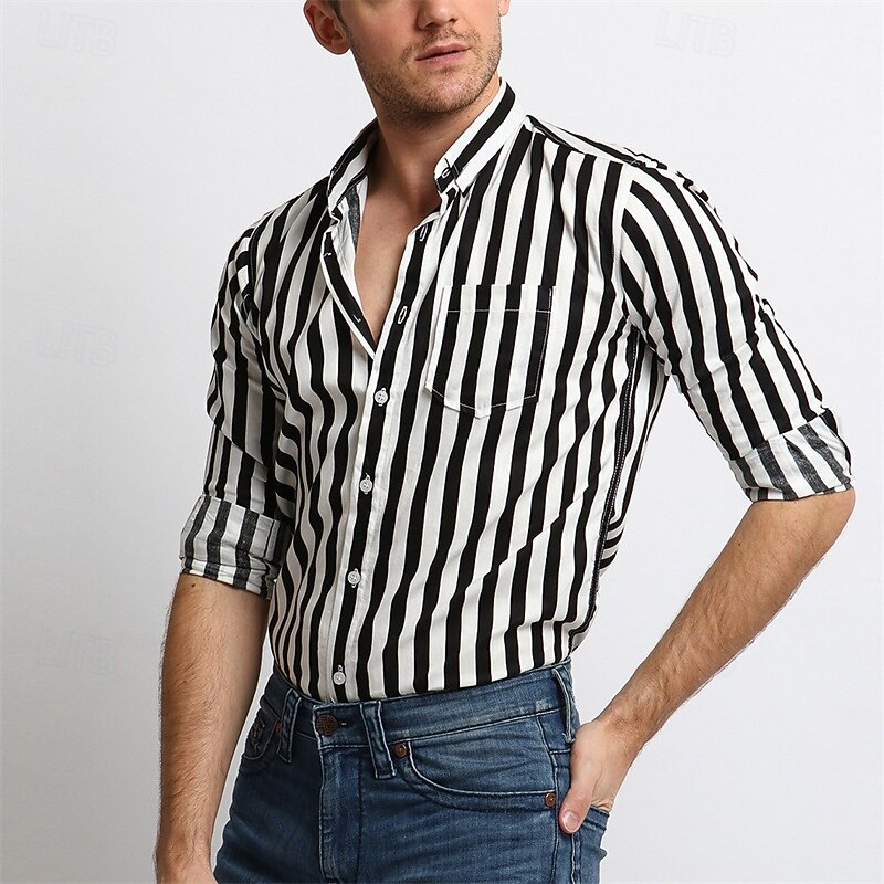 Men's Shirt Summer Shirt Casual Shirt Beach Shirt Button Up Shirt Black Yellow Red khaki Dark Blue Long Sleeve Stripes Lapel Vacation Hawaiian Pocket Clothing Apparel Polyester Fashion Casual4