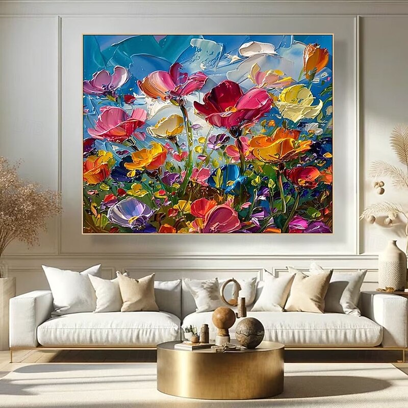 Colorful Floral Canvas Art handmade Vibrant Flower Oli Painting on Canvas hand painted Textured Acrylic Painting Impasto Cheerful Floral Art oil painting for Living Room Wall Art paintings2