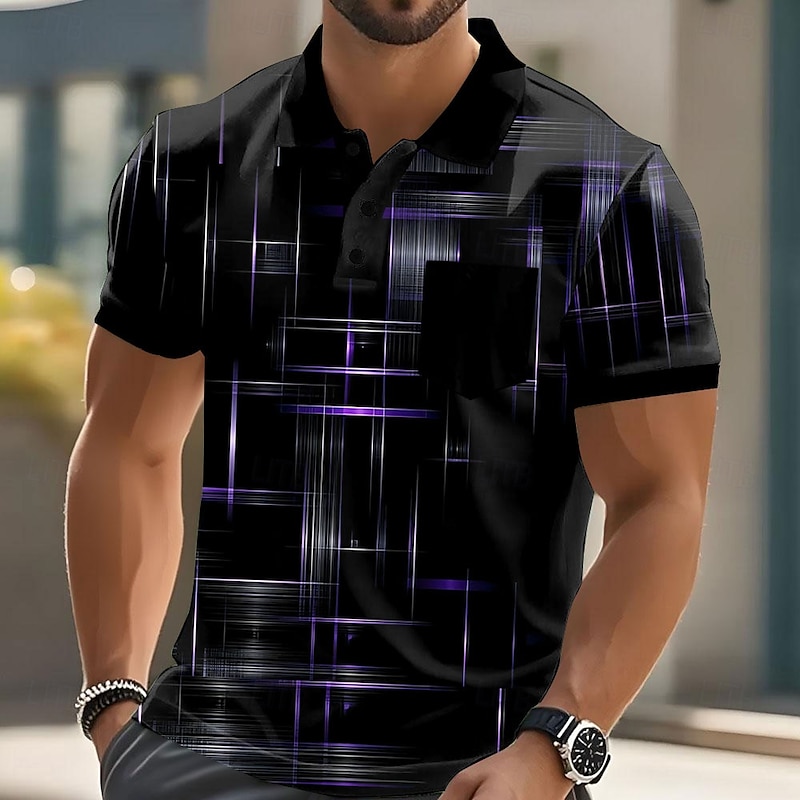 Men's Geometic Line Polo Short Sleeve Polo Shirts Collared Shirts Business Casual Outdoor Athleisure Daily Wear Pocket 3D Print Buttons Summer Black Blue Purple3