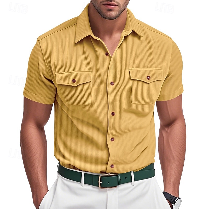 Men's Shirt Summer Shirt Casual Shirt Beach Shirt Button Up Shirt Black White Yellow Navy Blue Brown Short Sleeve Plain Lapel Vacation Hawaiian Front Pocket Clothing Apparel Polyester Fashion Casual