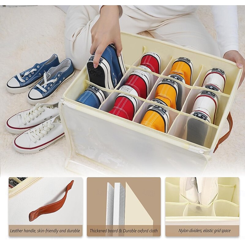 Shoe Storage Box Organiser for Closet - 12 Cell Space Saver Shoes Containers Bin with Clear Lids Stackable, Can Fit Ottoman, Foldable Shoe Rack Cabinet Cubby for Wardrobe3
