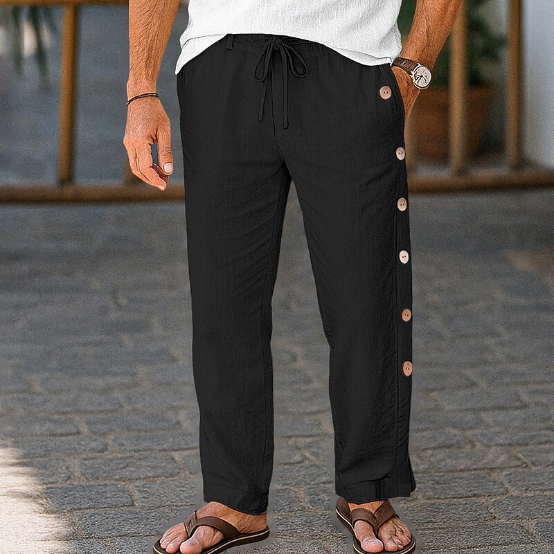Men's Linen Pants Trousers Summer Pants Baggy Pants Drawstring Elastic Waist Side Button Plain Breathable Full Length Outdoor Vacation Casual Vacation Ethnic Style Black White2