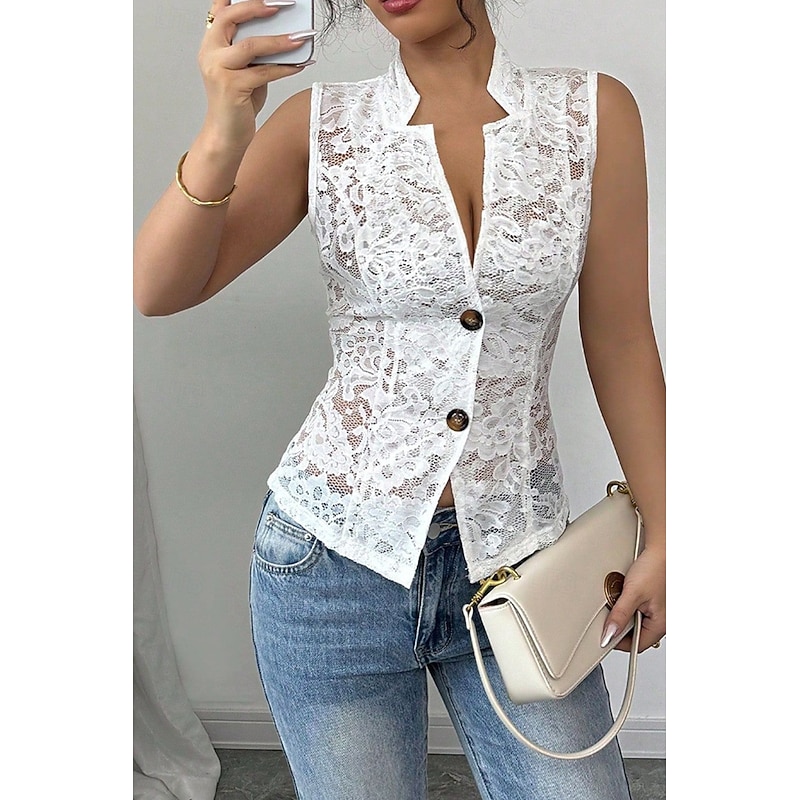 Women's Blouse Lace Tops Plain Elegant Modern Sleeveless V Neck Regular Tops Daily Holiday Going out Lace White Summer2