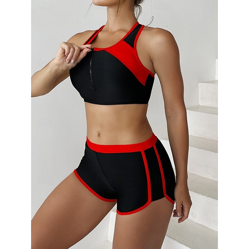 Women's Swimsuits Tankini 2 Piece Shorts Swimsuit Backless Tummy Control High Waist Slim Vacation Beach Wear Color Block U Neck Sleeveless Bathing Suits4