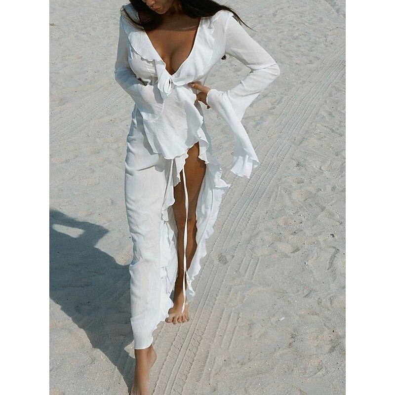 Women's Swimsuits Cover Up Swim Dress Swimsuit Ruffle Vacation Beach Wear Solid Color V Neck Long Sleeve Bathing Suits3