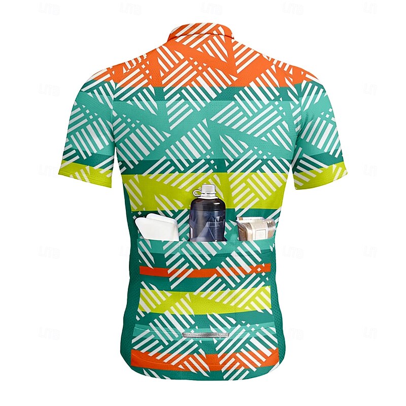 Men's Cycling Jersey Graphic Geometric Short Sleeve Bike Tee Tshirt Jersey Top with 3 Rear Pockets UV Resistant Quick Dry Front Zipper Reflective Strips Sports Green Clothing Apparel2