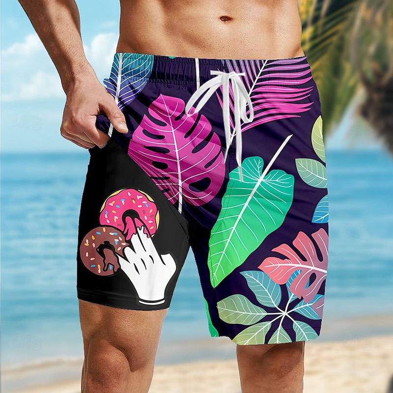 Men's Coconut Tree Funny Donuts Lined Shorts 2 in 1 Board Shorts Swim Shorts Mid Waist Hawaiian Vacation Holiday Beach Wear Side Pockets Mesh Lining With Compression Liner Designer Clothing Apparel2