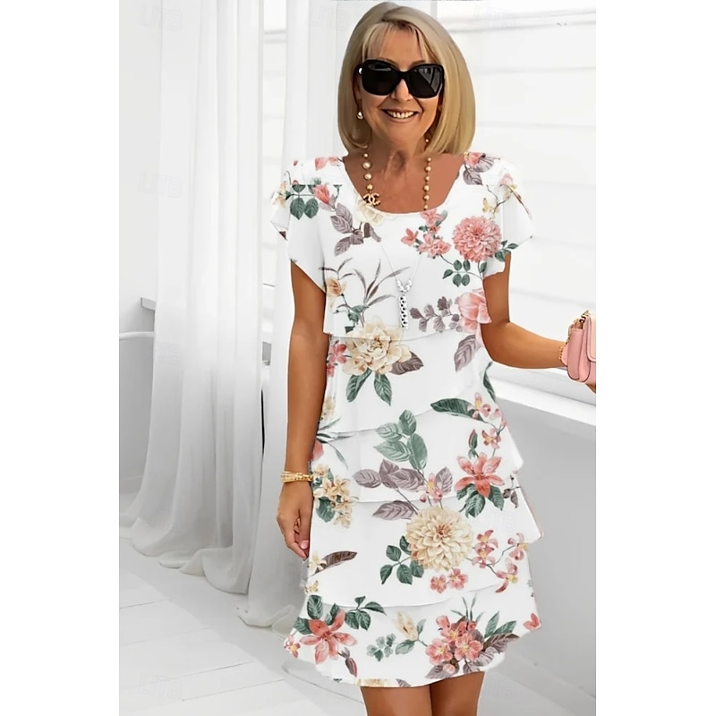 Women's Midi Dress Summer Dress Print Dress Elegant Daily Regular Fit Floral Geometric Short Sleeve Crew Neck Light Yellow Light Pink Bright pink Pink Summer3