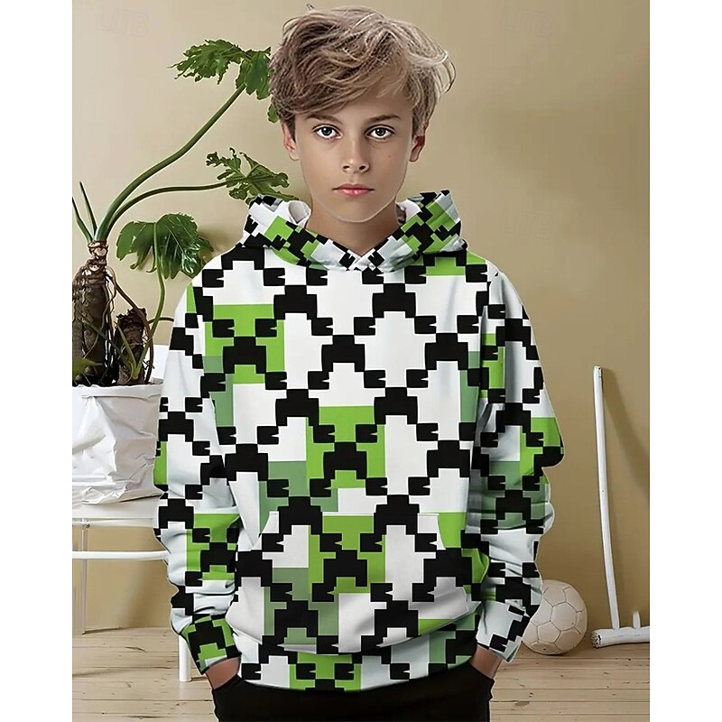 Boys 3D Graphic Plaid Hoodie Long Sleeve Spring Fall Fashion Streetwear Kids 4-12 Years Hooded Outdoor Casual Daily Regular Fit3