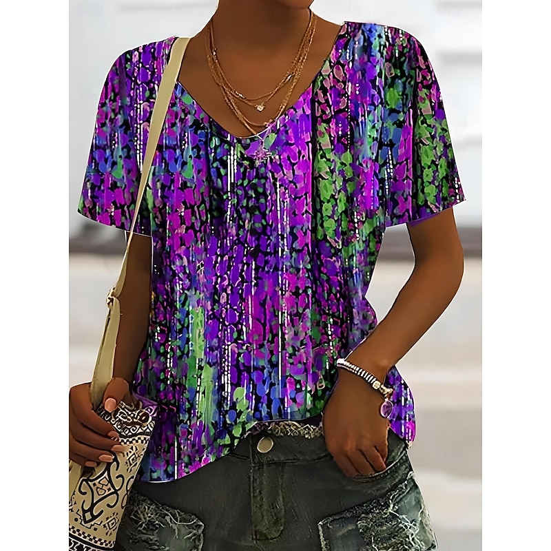 Women's T Shirt Graphic Abstract Stylish Casual Trendy Short Sleeve Crew Neck Regular Tops Daily Going out Weekend Print Red Purple Green Summer Spring3