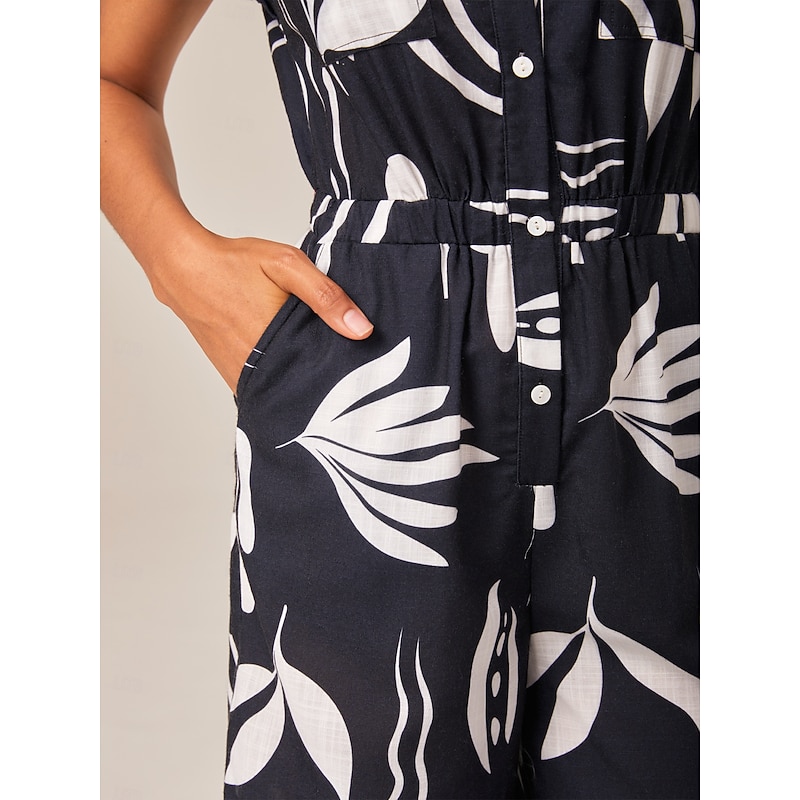 Vacation Black and White Printed Linen-Like Jumpsuit2