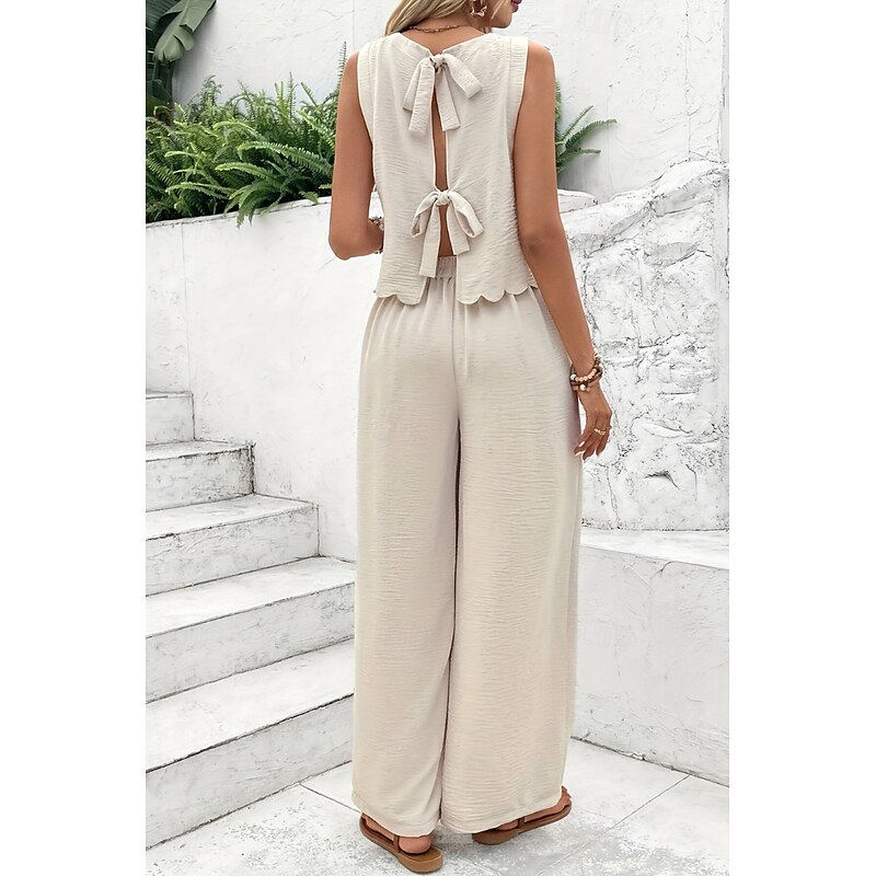 Women's Active Streetwear Blouse Pants Sets Sleeveless Crew Neck Solid Color Backless Going out Weekend Black Dark Navy Orange Summer Regular Fit4