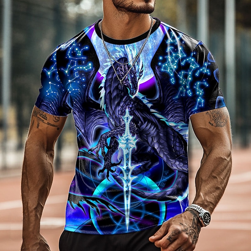 Dragonblade NIGHTBLADE HI REZ by Ruth Thompson Men's 3D Dragon T Shirt Short Sleeve T shirt 3D Print Crew Neck Shirt Exaggerated Designer Party Street Casual Blue Summer Spring All Seasons Clothing