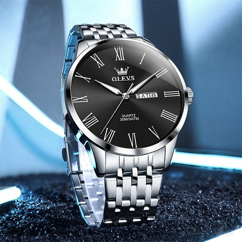 OLEVS 3633 Dual Calendar Classic Quartz Watch For Men Roman Scale Luxury Dress Wristwatch Waterproof Luminous Original Man Watch