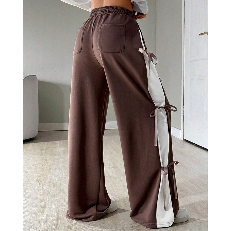 Women's Sweatpants Palazzo Pants Fashion Streetwear Comfort Full Length Mid Waist Color Block Patchwork Elastic Waist Comfy Comfortable Street Daily Wear Going out Coffee Gray Summer Spring Regular2