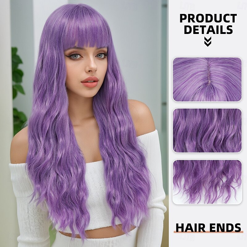 Synthetic Wig Wavy Deep Wave Neat Bang With Bangs Machine Made Wig 28 inch A1 Synthetic Hair Women's Soft Classic Comfortable Purple2