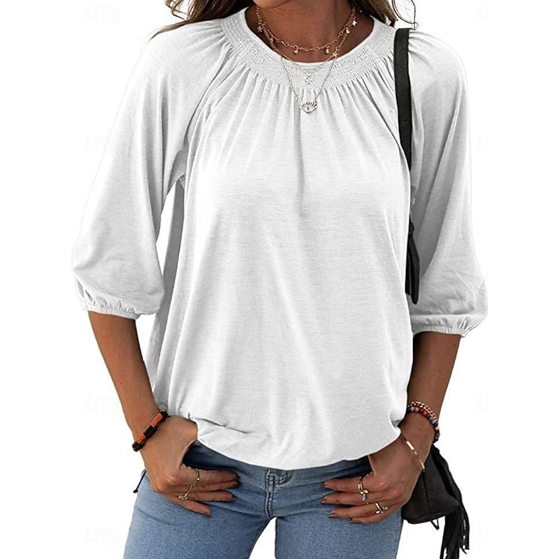 Women's T Shirt Plain Fashion Modern 3/4 Length Sleeve Crew Neck Regular Tops Daily Black White Pink Wine Army Green Summer4
