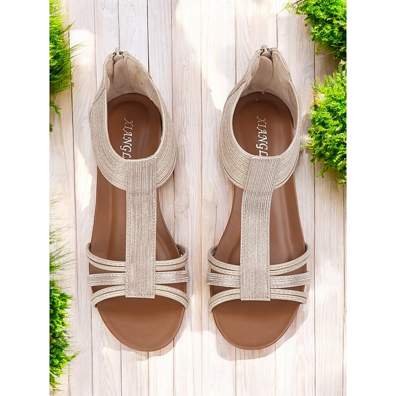 Women's Bohemia Gold Metallic Strappy Wedge Sandals with Ribbed Ankle Strap, Ideal for Summer Events and Casual Outings4
