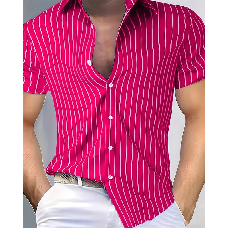 Men's Summer Shirt Casual Shirt Beach Shirt Button Up Shirt Yellow Light Green Pink Red Blue Short Sleeve Stripes Lapel Vacation Hawaiian Clothing Apparel Polyester Fashion Casual Comfortable3