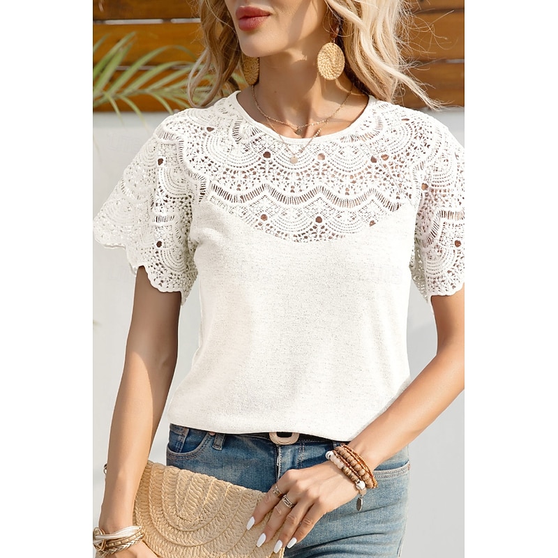 Women's Blouse Lace Tops Plain Casual Short Sleeve Crew Neck Regular Tops Daily Holiday Going out Lace Black White Purple Summer2