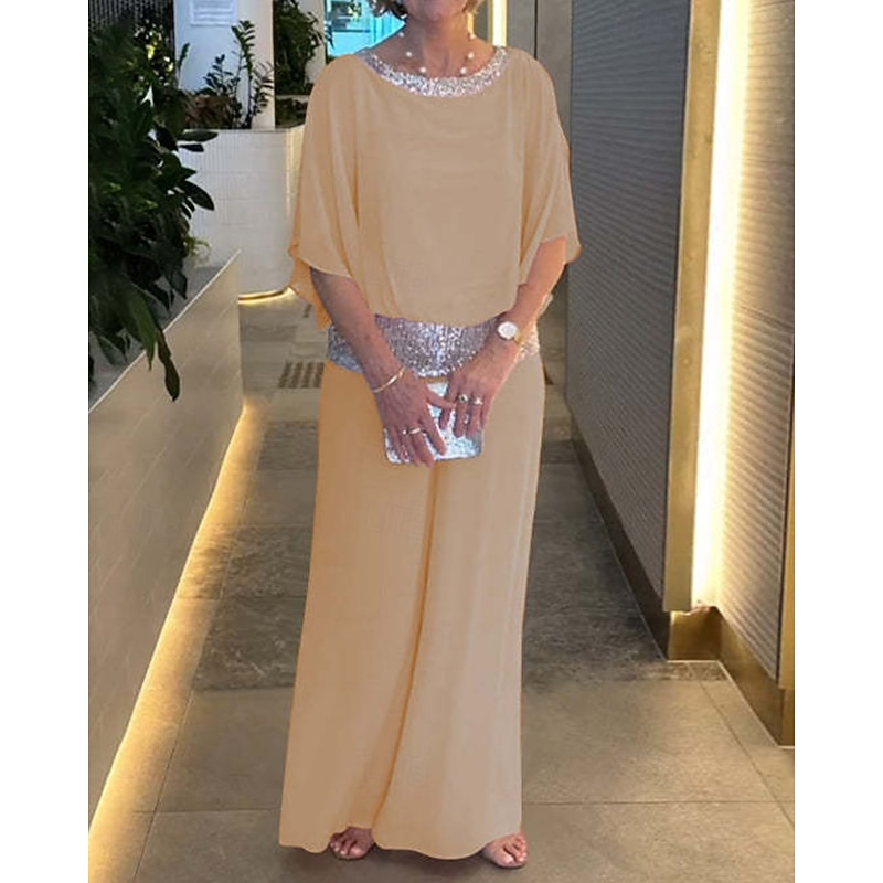 Two Piece Pantsuit Mother of the Bride Pantsuit Elegant Vintage Simple Boat Neck Floor Length Chiffon Half Sleeve with Sequin3