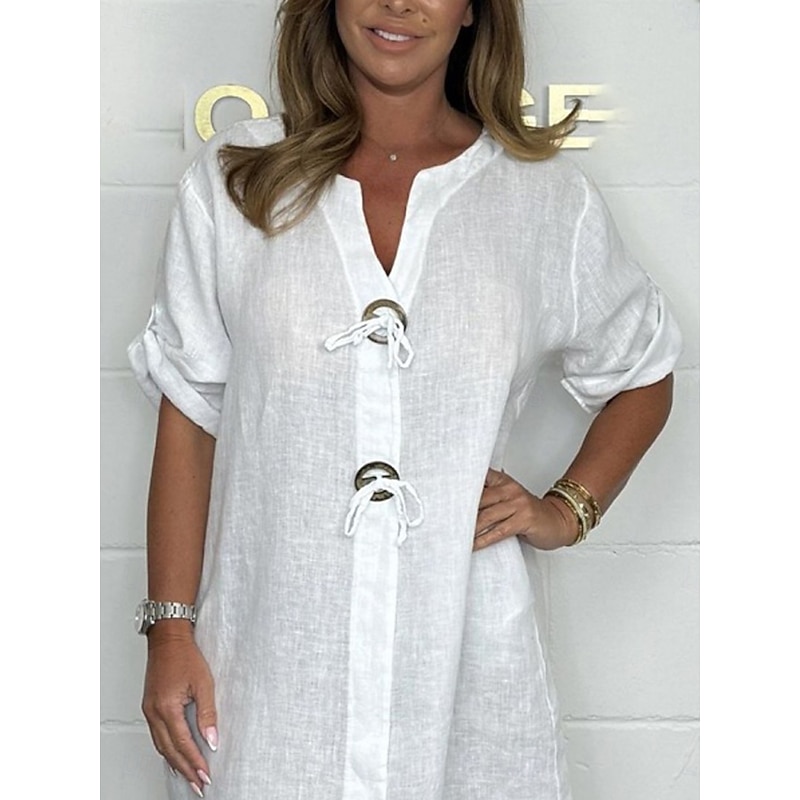 Women's Mini Dress White Dress Shirt Dress Casual Dress Cotton Linen Dress Basic Casual Loose Fit Graphic Half Sleeve V Neck Black White Red Gray Summer3