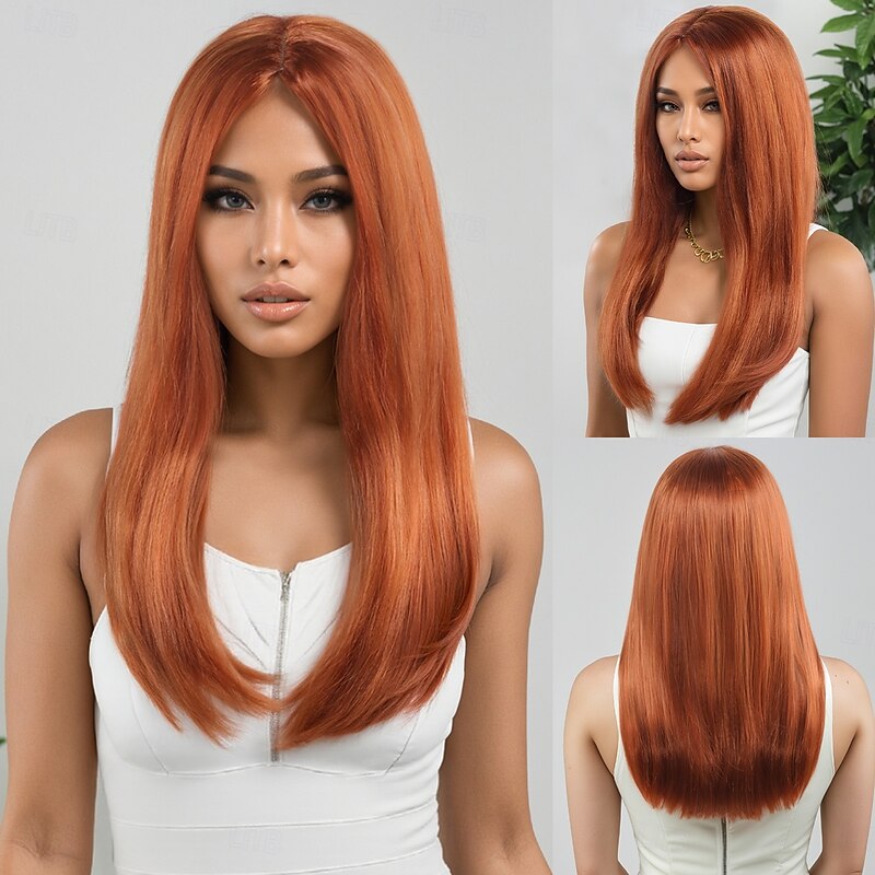 Synthetic Wig kinky Straight Natural Straight Layered Haircut Deep Parting Machine Made Wig 20 inch A1 Synthetic Hair Women's Middle Part Classic Comfortable Orange