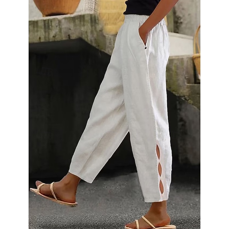 Women's Cotton Linen Pants Baggy Pants Linen Like Chinos Basic Casual Ankle-Length High Waist Plain Pocket Elastic Waistband Comfy Soft Comfortable Micro-elastic Vacation Street Daily4