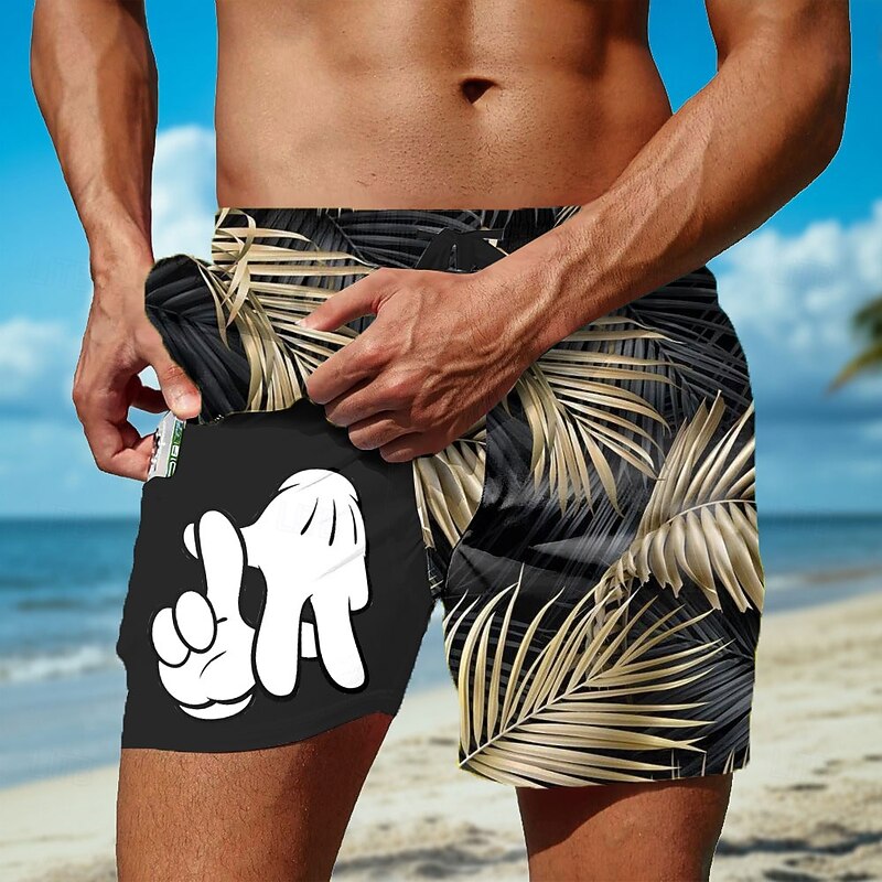 Men's Palm Leaf Cartoon Hand Print Lined Shorts 2 in 1 Board Shorts Swim Shorts Mid Waist Hawaiian Holiday Beach Wear Side Pockets With Compression Liner Elastic Drawstring Waist Designer Clothing3