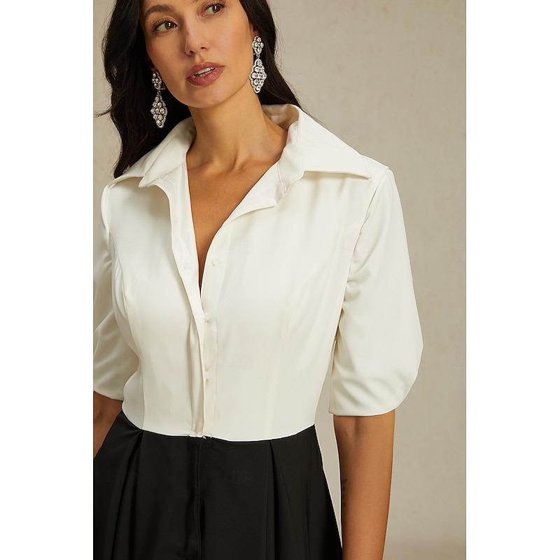 A-Line Mother of the Bride Dress Elegant Party Shirt Collar Floor Length Taffeta Short Sleeve with Bow(s) Color Block3