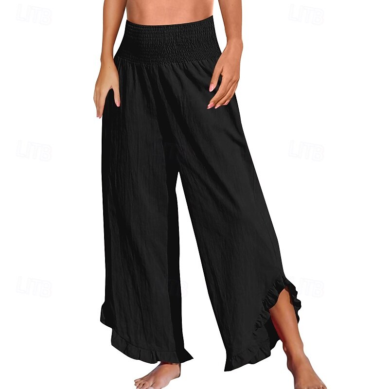 Women's Cotton Linen Pants Culottes Wide Leg Slacks Fashion Streetwear Full Length Natural Plain Elastic Waist Split Comfy Outdoor Comfortable Outdoor Going out Wine Depression Green River Blue Black2