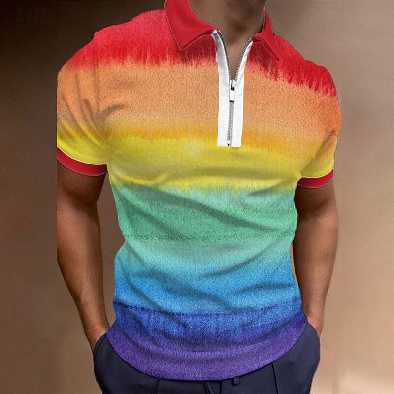 Men's Rainbow Hawaiian Polo Shirts Golf Shirt Short Sleeve Polo Shirts Collared Shirts Casual Beach Wear Vacation Wear Tropical Wear Party Outfits 3D Print Quarter Zip Polo Black Olive Green White