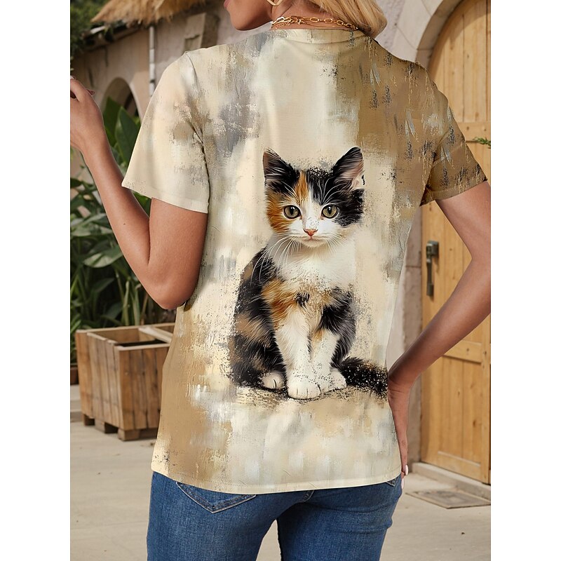 Women's T Shirt Graphic Animal Cat Stylish Classic Modern Short Sleeve Crew Neck Round Neck Regular Tops Daily Going out Weekend Print Light Brown Summer Spring2