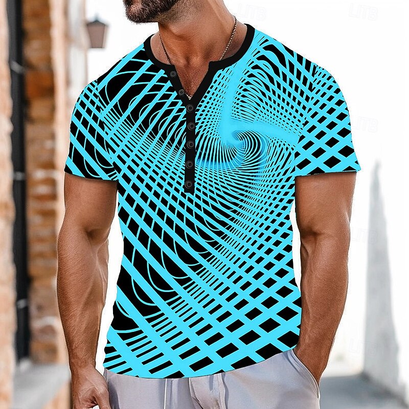Men's Geometric Pattern T Shirt Henley Shirt Short Sleeve Sports Fashion Designer Outdoor Street Casual Summer Blue Orange Henley Henley T-Shirt