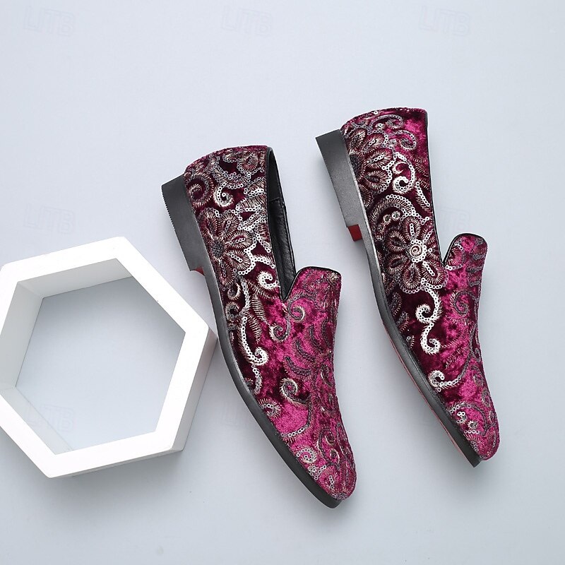 Men's Purple Floral Embroidered Slip-On Loafers – Stylish Velvet Evening Shoes for Prom and Formal Events2
