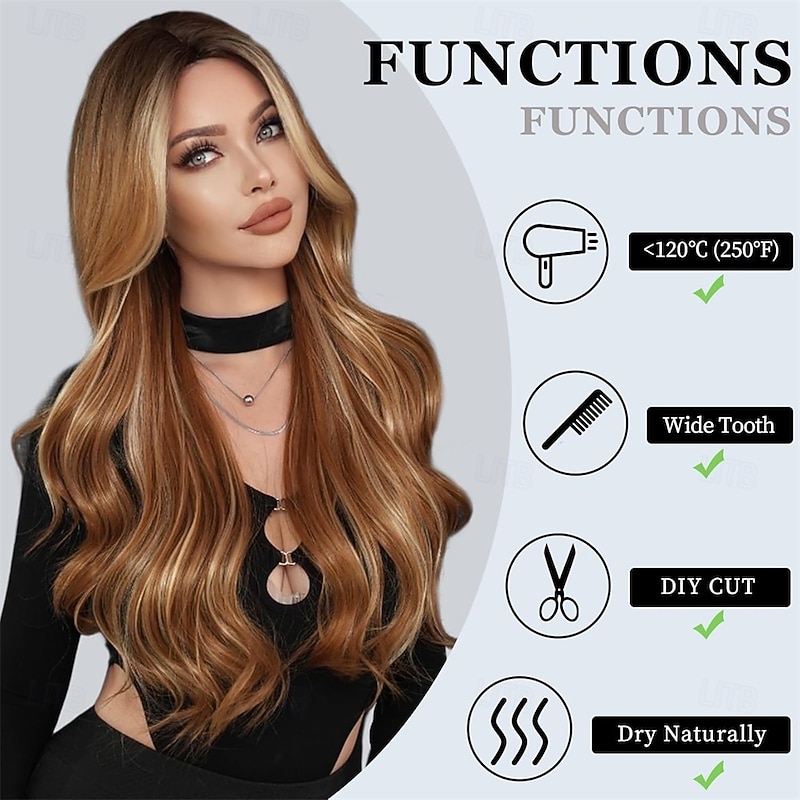 Long Curly Highlight Wig with Curtain Bangs for Women 28 Inch Layered Hair Synthetic Heat Resistant Wig Natural Looking Wigs Daily Use3