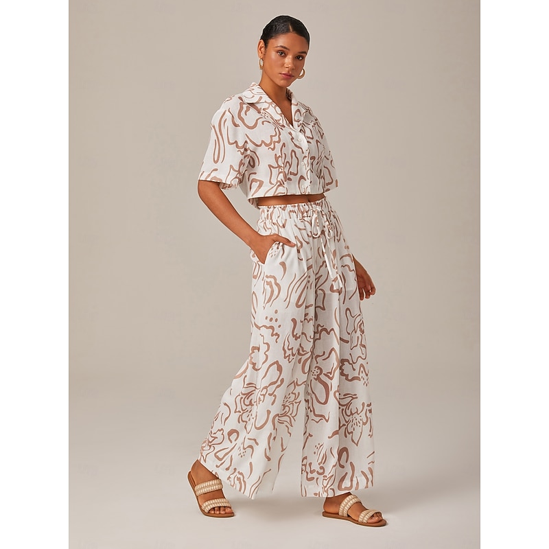Artistic Print Elastic Tie Waist & Linen-Like Fabric Wide-Leg Pants4